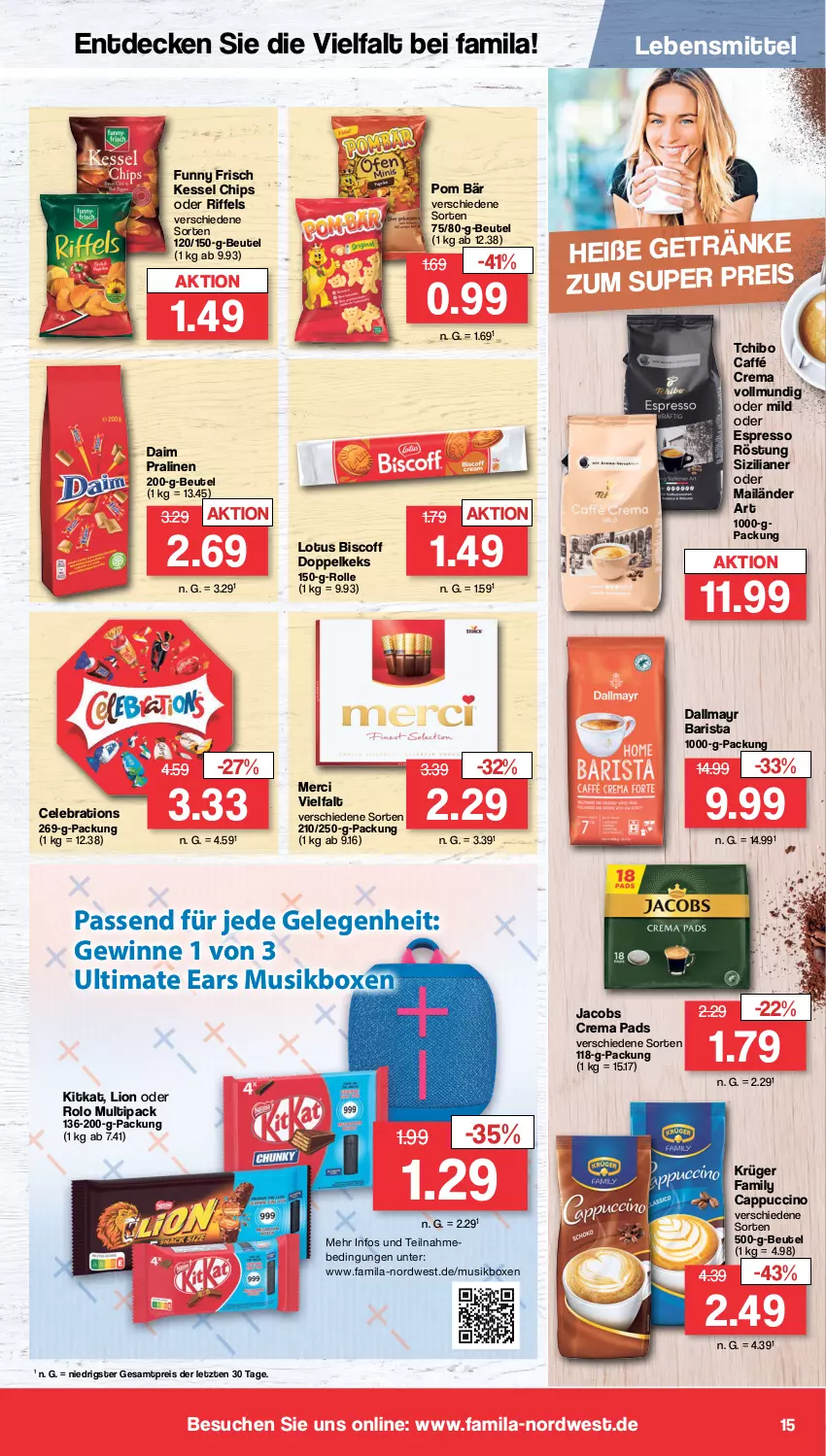 Aktueller Prospekt Famila - Prospekte - von 11.09 bis 16.09.2023 - strona 15 - produkty: beutel, biscoff, Cap, cappuccino, chips, cin, crema pads, daim, dallmayr, decke, eis, espresso, Funny Frisch, getränk, getränke, jacobs, Jacobs Crema, keks, kitkat, krüger, lebensmittel, lion, merci, oder espresso, pralinen, reis, Tchibo, Ti, ZTE