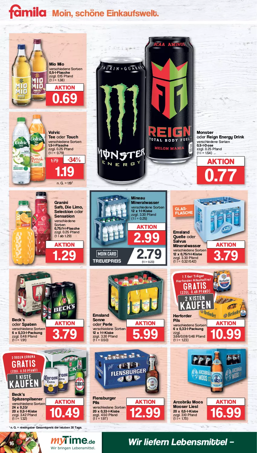 Aktueller Prospekt Famila - Prospekte - von 11.09 bis 16.09.2023 - strona 16 - produkty: Alwa, burger, drink, eis, elle, energy drink, flasche, flensburger, granini, lebensmittel, limo, mineralwasser, Mio Mio, monster, pils, pilsener, reis, saft, Spaten, tee, Ti, volvic, wasser, ZTE