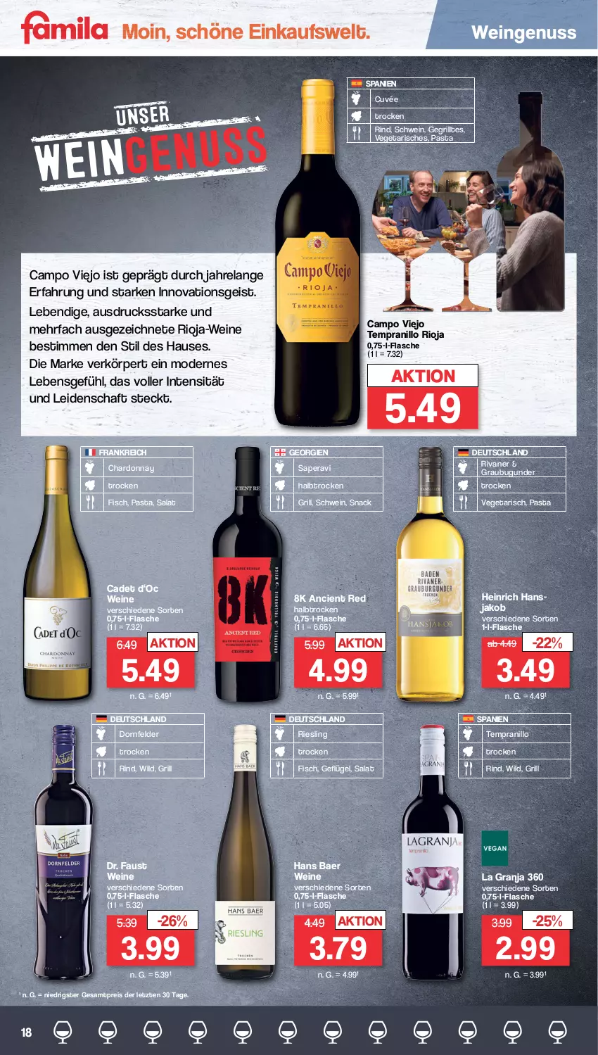 Aktueller Prospekt Famila - Prospekte - von 11.09 bis 16.09.2023 - strona 18 - produkty: aust, campo viejo, chardonnay, Cien, cuvée, dornfelder, eis, Elan, fisch, flasche, Geflügel, grill, jako, Mode, nuss, pasta, reis, rel, riesling, rind, rioja, Rivaner, salat, schwein, snack, tempranillo, Ti, Vegeta, wein, weine, Wild, ZTE