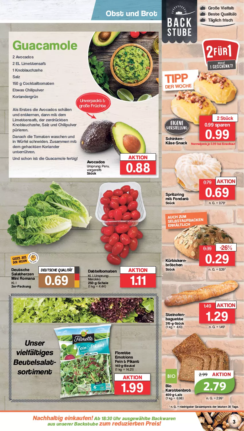 Aktueller Prospekt Famila - Prospekte - von 11.09 bis 16.09.2023 - strona 3 - produkty: avocado, avocados, backwaren, baguette, beutel, bio, brot, brötchen, chili, cocktail, datteltomaten, eis, florette, früchte, guacamole, karotten, Käse, knoblauch, Koriander, Kürbis, Kürbiskernbrötchen, limette, limetten, Mett, metten, obst, Ofen, reis, Ria, ring, saft, salat, salatherzen, salz, Schal, Schale, schinken, snack, steinofen, stube, Ti, tomate, tomaten, uhr, würfel, ZTE