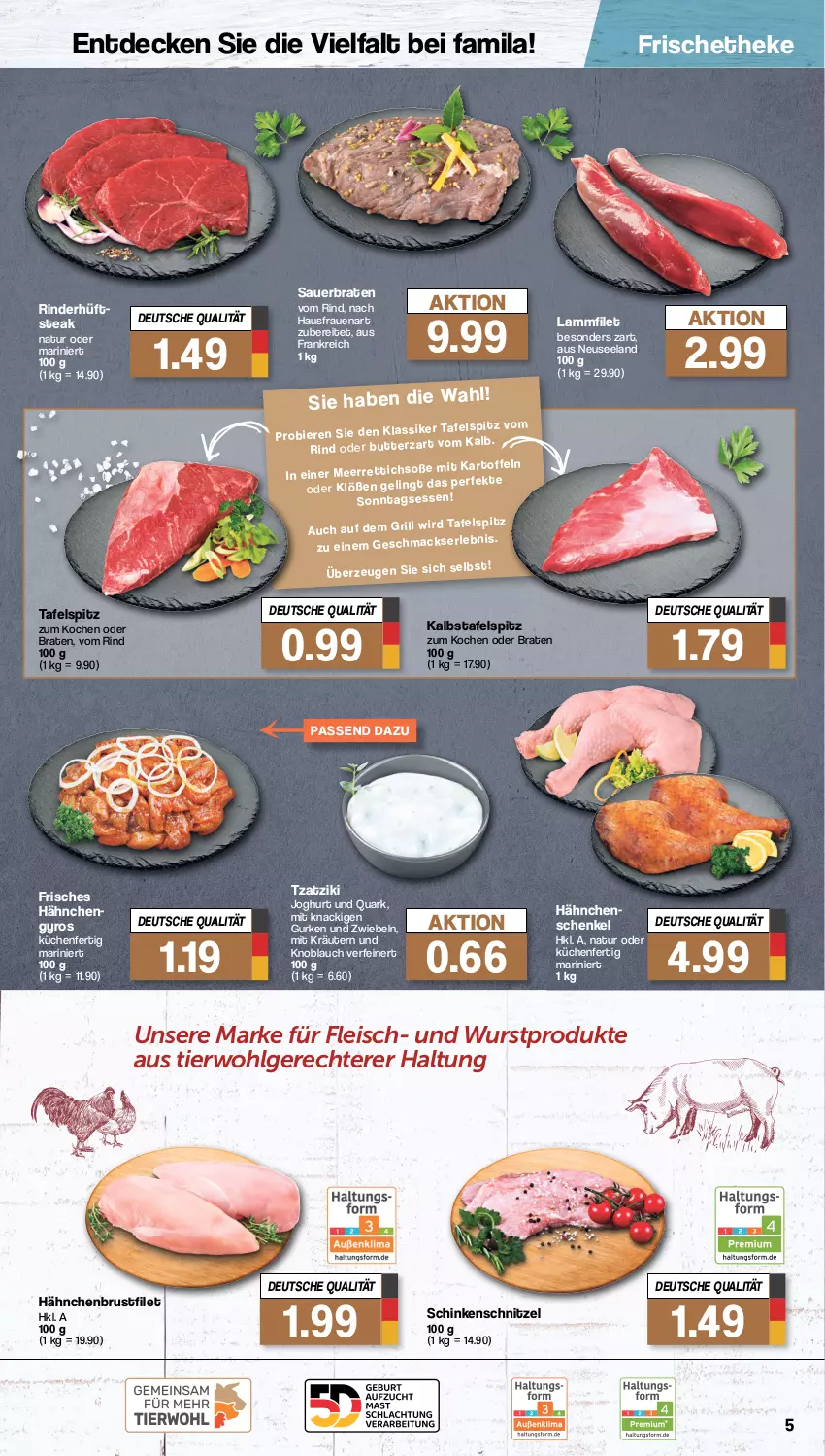 Aktueller Prospekt Famila - Prospekte - von 11.09 bis 16.09.2023 - strona 5 - produkty: auer, braten, brustfilet, decke, eis, Elan, filet, fleisch, gurke, gurken, gyros, hähnchenbrust, hähnchenbrustfilet, Hähnchengyros, hähnchenschenkel, henkel, hüftsteak, joghur, joghurt, knoblauch, kräuter, kräutern, küche, Küchen, lamm, LG, natur, quark, rind, rinder, schenkel, schinken, schinkenschnitzel, schnitzel, steak, tafelspitz, Ti, tzatziki, wurst, zwiebel, zwiebeln