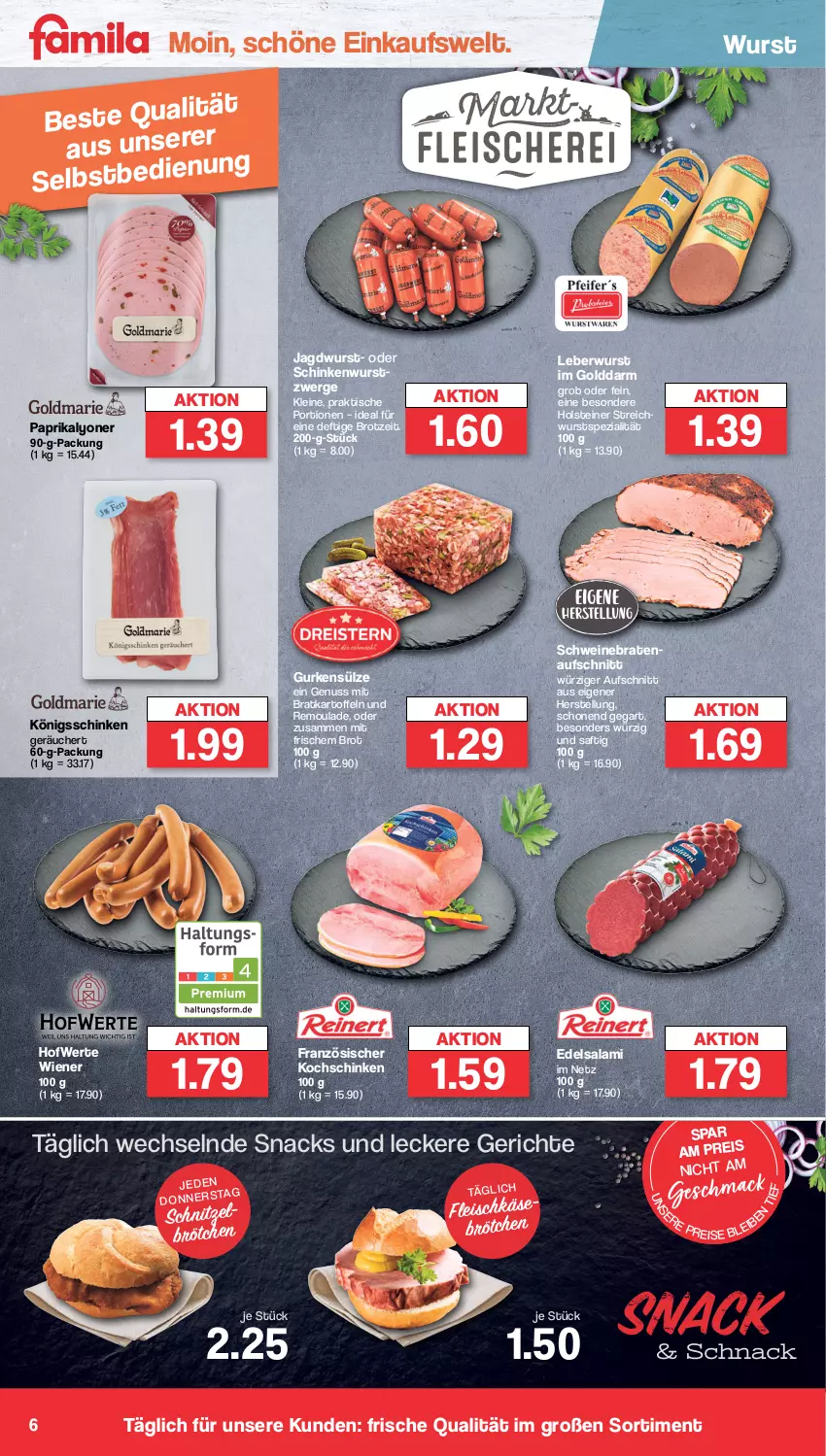 Aktueller Prospekt Famila - Prospekte - von 11.09 bis 16.09.2023 - strona 6 - produkty: aufschnitt, braten, bratenaufschnitt, brot, brötchen, Edelsalami, eis, fleisch, gurke, gurken, holsteiner, jagdwurst, kartoffel, kartoffeln, kochschinken, leberwurst, leine, lyoner, mac, nuss, paprika, reis, remoulade, sac, saft, salami, schinken, schinkenwurst, schnitzel, schwein, schweine, schweinebraten, snack, snacks, Spezi, steiner, tesa, Ti, tisch, wein, weine, wiener, wurst, Yo