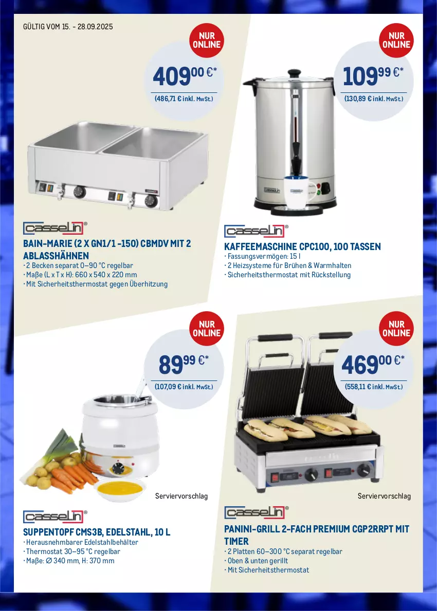 Aktueller Prospekt Metro - Online: Casselin-Angebote - von 08.09 bis 21.09.2025 - strona 3 - produkty: Behälter, Brühe, edelstahl, grill, kaffee, kaffeemaschine, latte, suppe, suppen, tasse, thermostat, Ti, timer, topf