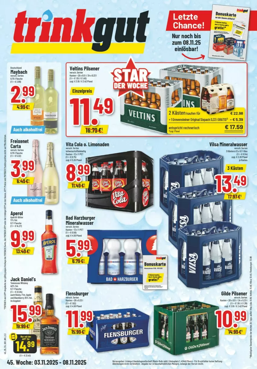 Aktueller Prospekt Trinkgut - Prospekte - von 02.11 bis 08.11.2025 - strona 1 - produkty: Alwa, angebot, angebote, aperol, Apple, Bad, burger, cola, eis, flasche, flensburger, freixenet, gin, jack daniel, jack daniel's, lack, limo, limonade, limonaden, maybach, mineralwasser, payback, pils, pilsener, reifen, reis, steiner, tennessee whiskey, Ti, veltins, veltins pilsener, vilsa, vita, Vita C, wasser, whiskey, ZTE