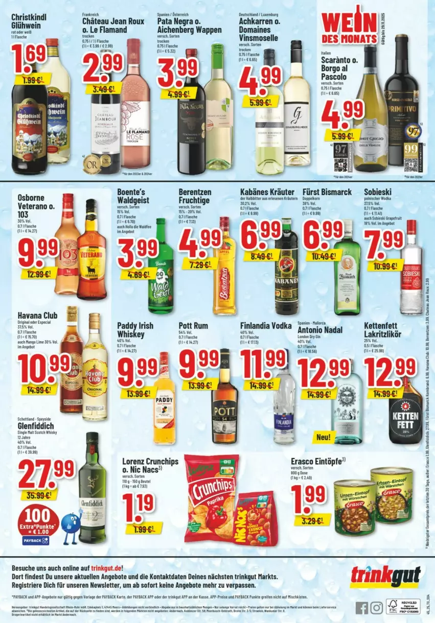Aktueller Prospekt Trinkgut - Prospekte - von 02.11 bis 08.11.2025 - strona 6 - produkty: angebot, angebote, berentzen, bismarck, chips, crunchips, eintöpfe, eis, elle, erasco, flasche, Glühwein, Havana Club, Kette, kräuter, Lakritz, likör, lorenz, lorenz crunchips, payback, pepsi, reifen, reis, rum, schott, scotch, scotch whisky, tasse, Ti, veterano, vodka, wein, whiskey, whisky