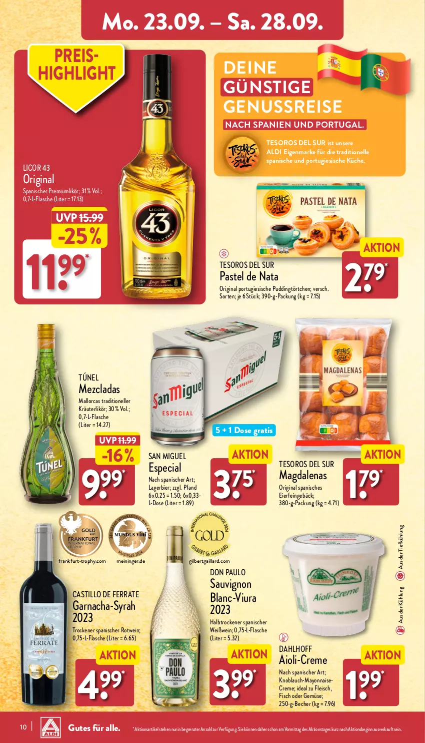 Aktueller Prospekt Aldi Nord - Von Montag - von 23.09 bis 28.09.2024 - strona 10 - produkty: aioli, aldi, asti, aus der tiefkühlung, Becher, bier, creme, eier, eis, elle, fisch, flasche, fleisch, gin, knoblauch, kräuter, kräuterlikör, küche, Lagerbier, licor, licor 43, likör, mayonnaise, nuss, pudding, reis, rotwein, sauvignon, sauvignon blanc, Ti, Törtchen, wein, Weißwein, Yo, ZTE