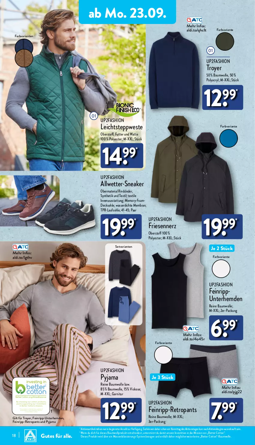 Aktueller Prospekt Aldi Nord - Von Montag - von 23.09 bis 28.09.2024 - strona 18 - produkty: aldi, Bau, baumwolle, bett, decksohle, eis, garnitur, gin, hemd, hemden, LG, Pants, Pyjama, reine baumwolle, Retropants, Ria, rind, rwe, sneaker, Ti, Unterhemd, unterhemden, up2fashion, wasser, Weste, wolle, ZTE