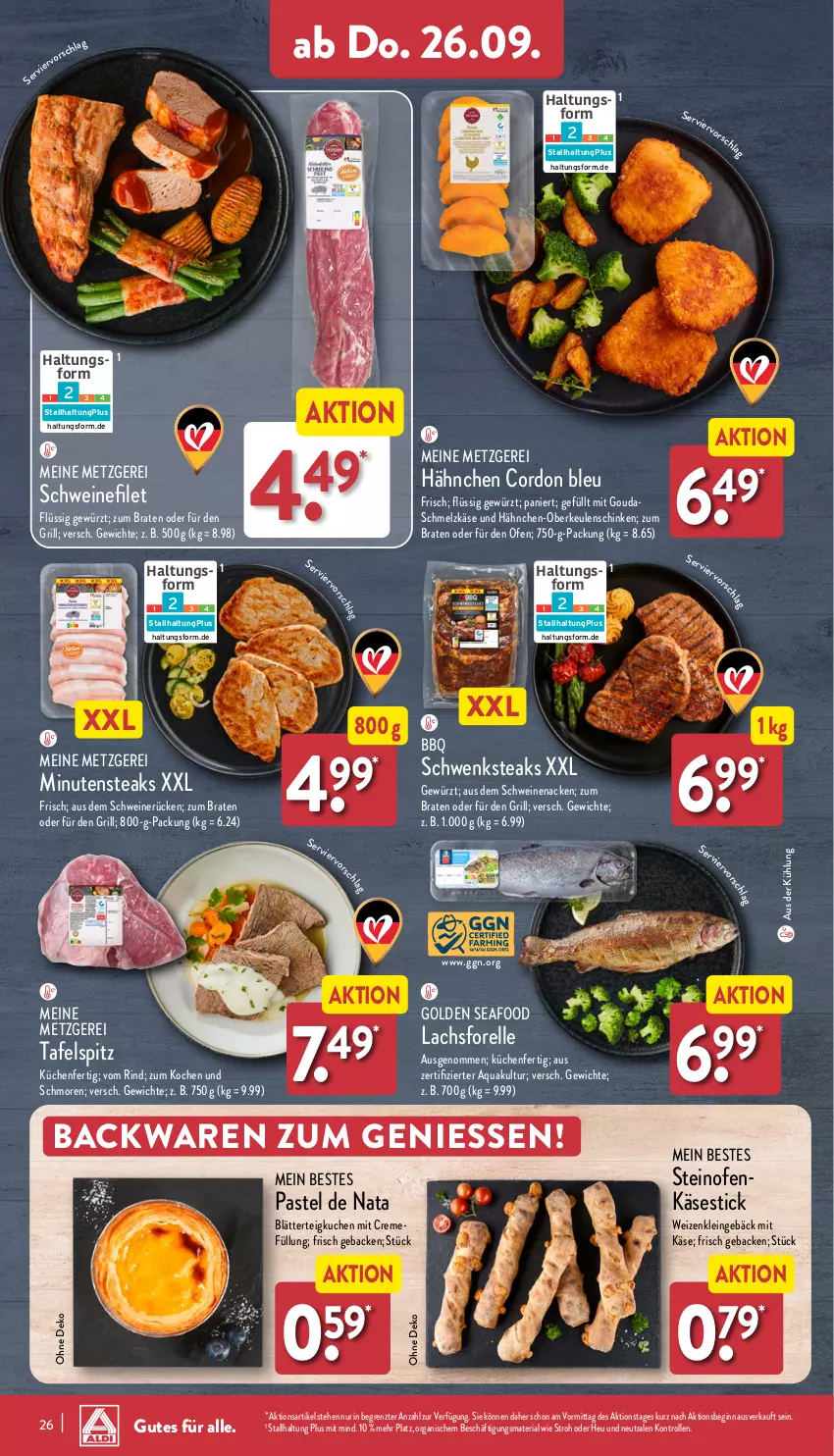 Aktueller Prospekt Aldi Nord - Von Montag - von 23.09 bis 28.09.2024 - strona 26 - produkty: aqua, backwaren, blätterteig, braten, cordon bleu, creme, elle, filet, forelle, geback, gewürz, gin, gouda, grill, Heu, Käse, küche, kuchen, Küchen, lachs, minutensteaks, mit gouda, Ofen, rel, Ria, rind, schinken, Schmelzkäse, schwein, schweine, schweinefilet, schweinenacken, schweinerücken, steak, steaks, steinofen, tafelspitz, Ti, wein, weine, ZTE