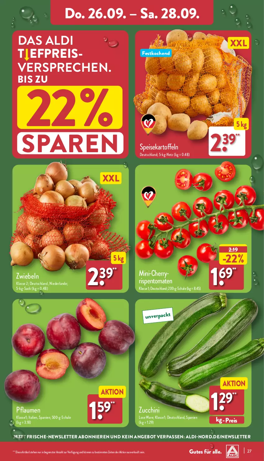 Aktueller Prospekt Aldi Nord - Von Montag - von 23.09 bis 28.09.2024 - strona 27 - produkty: aldi, angebot, eis, kartoffel, kartoffeln, pflaume, pflaumen, reis, rispentomaten, sac, Schal, Schale, speisekartoffeln, Ti, tomate, tomaten, ZTE, zucchini, zwiebel, zwiebeln