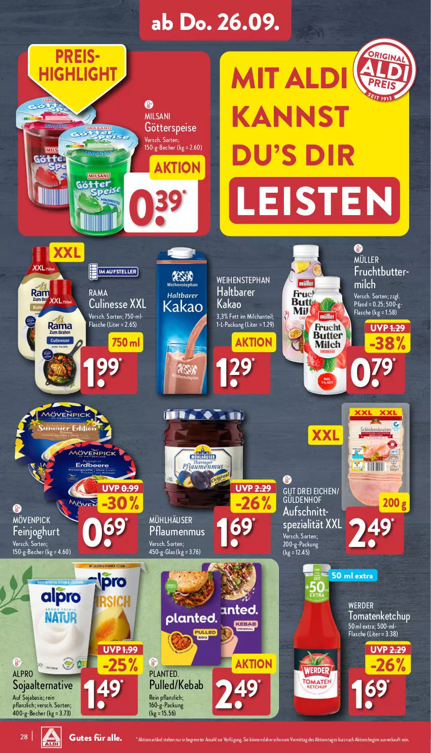 Aktueller Prospekt Aldi Nord - Von Montag - von 23.09 bis 28.09.2024 - strona 28 - produkty: aldi, alpro, aufschnitt, Becher, butter, culinesse, eis, elle, erde, feinjoghurt, flasche, frucht, gin, götterspeise, joghur, joghurt, kakao, ketchup, milch, mövenpick, mühlhäuser, Müller, pflaume, pflaumen, pflaumenmus, rama, reis, soja, Spezi, teller, Ti, tomate, tomaten, tomatenketchup, weihenstephan, ZTE