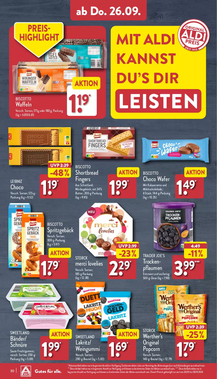 Aktueller Prospekt Aldi Nord - Von Montag - von 23.09 bis 28.09.2024 - strona 30 - produkty: aldi, beutel, biscotto, butter, creme, eis, frucht, fruchtgummi, fruchtgummis, gin, kakao, Lakritz, leibniz, merci, milch, pflaume, pflaumen, popcorn, reis, schoko, schokolade, schott, Spritzgebäck, storck, Sweetland, Ti, waffeln, wein, ZTE