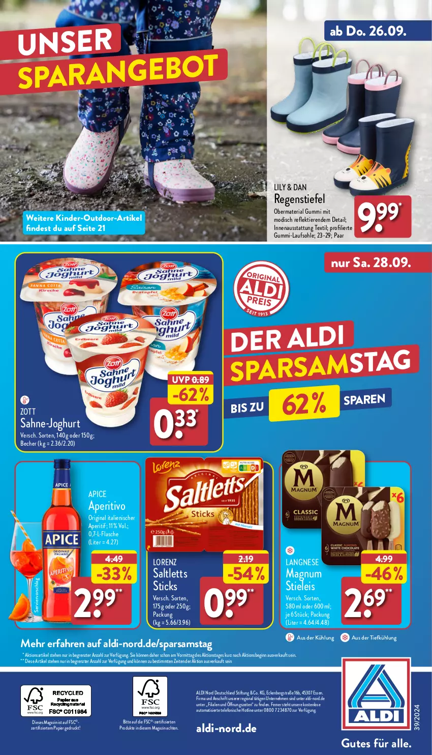 Aktueller Prospekt Aldi Nord - Von Montag - von 23.09 bis 28.09.2024 - strona 36 - produkty: aldi, angebot, aperitif, aus der tiefkühlung, auto, Becher, eis, flasche, gin, joghur, joghurt, Kinder, langnese, lorenz, magazin, magnum, papier, Ria, sahne, saltletts, stieleis, telefon, Ti, Tiere, zott, ZTE