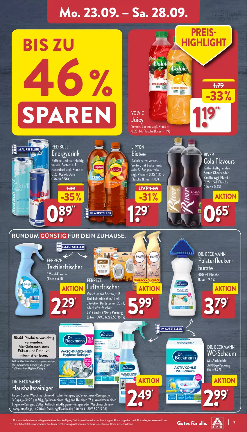 Aktueller Prospekt Aldi Nord - Von Montag - von 23.09 bis 28.09.2024 - strona 7 - produkty: Bad, bio, bürste, Cap, cola, Dr. Beckmann, drink, eis, eistee, elle, febreze, flasche, gin, kühlschrank, lipton, lufterfrischer, Rauch, red bull, reiniger, reis, rwe, Schrank, spülmaschinen, tee, teller, Textilerfrischer, Ti, volvic, waschmaschine, waschmaschinen, ZTE, zucker