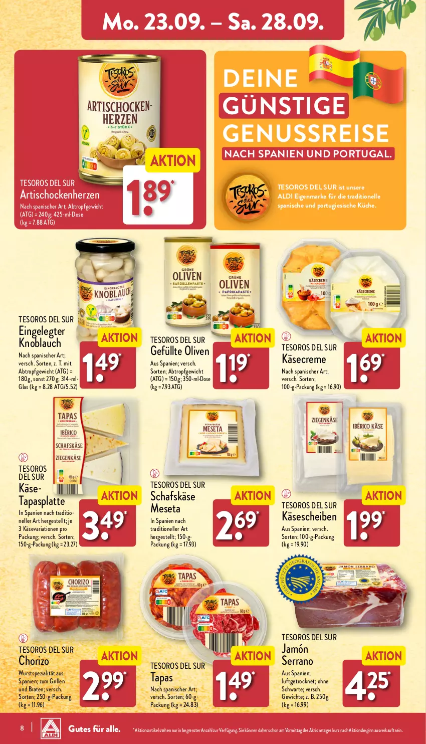 Aktueller Prospekt Aldi Nord - Von Montag - von 23.09 bis 28.09.2024 - strona 8 - produkty: aldi, Artischocken, braten, chorizo, creme, eis, elle, gin, grill, Käse, käsescheiben, knoblauch, küche, latte, nuss, olive, oliven, reis, Ria, schafskäse, serrano, Spezi, Tapas, Ti, tisch, wurst, ZTE