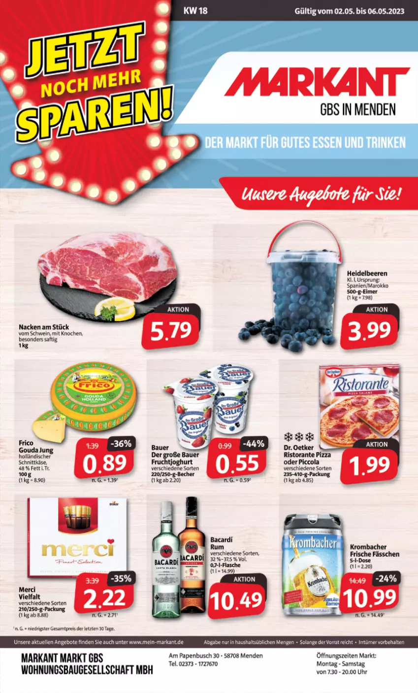 Aktueller Prospekt Markant - Prospekte - von 02.05 bis 06.05.2023 - strona 1 - produkty: angebot, angebote, bacardi, Bau, Becher, beere, beeren, eimer, eis, elle, flasche, heidelbeere, heidelbeeren, krombache, krombacher, reis, rum, saft, schwein, Ti, uhr, wein, ZTE