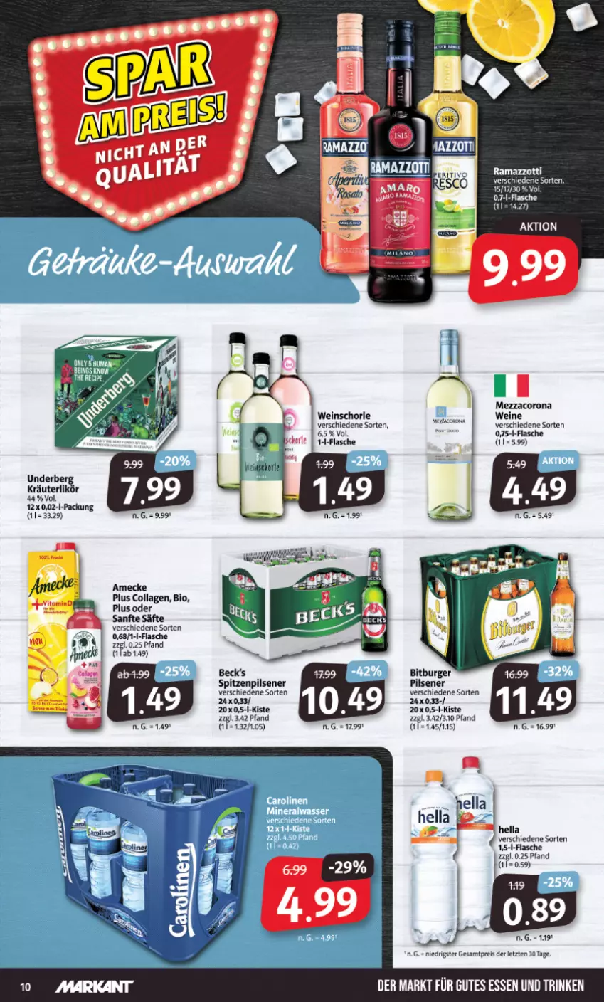 Aktueller Prospekt Markant - Prospekte - von 02.05 bis 06.05.2023 - strona 10 - produkty: amecke, bio, bitburger, burger, Collagen, corona, eis, flasche, hella, kräuter, kräuterlikör, likör, mezzacorona, pils, pilsener, rama, ramazzott, ramazzotti, reis, säfte, schorle, Ti, underberg, wein, weine, weinschorle, zott, ZTE