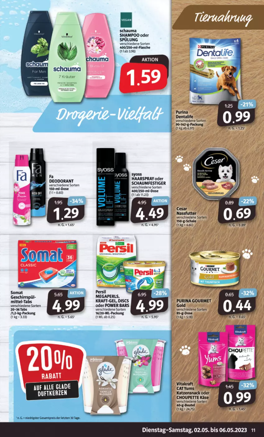 Aktueller Prospekt Markant - Prospekte - von 02.05 bis 06.05.2023 - strona 11 - produkty: deo, deodorant, Duftkerze, flasche, geschirr, Glade, haarspray, Käse, katzensnack, kerze, kraft, kräuter, megaperls, nassfutter, persil, purina, Schal, Schale, schauma, schauma shampoo, schaumfestiger, shampoo, shampoo oder spülung, snack, somat, spülung, Ti