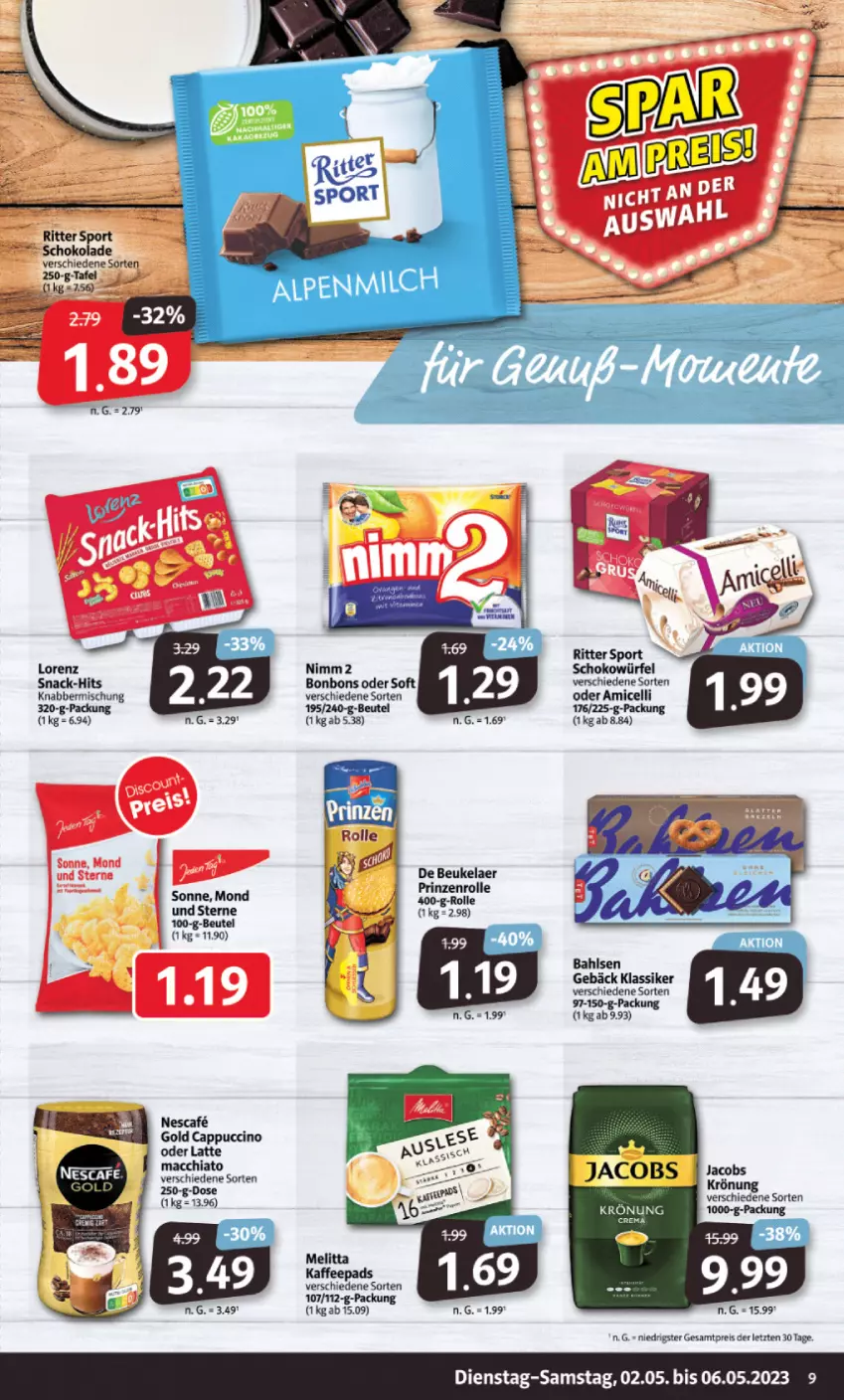 Aktueller Prospekt Markant - Prospekte - von 02.05 bis 06.05.2023 - strona 9 - produkty: ACC, amicelli, bahlsen, beutel, bonbons, Cap, cappuccino, chia, cin, de beukelaer, eis, jacobs, kaffee, kaffeepads, latte, latte macchiato, lorenz, mac, macchiato, melitta, nescafe, Nimm 2, reis, ritter, ritter sport, schoko, schokolade, schokowürfel, snack, Sport, würfel, ZTE