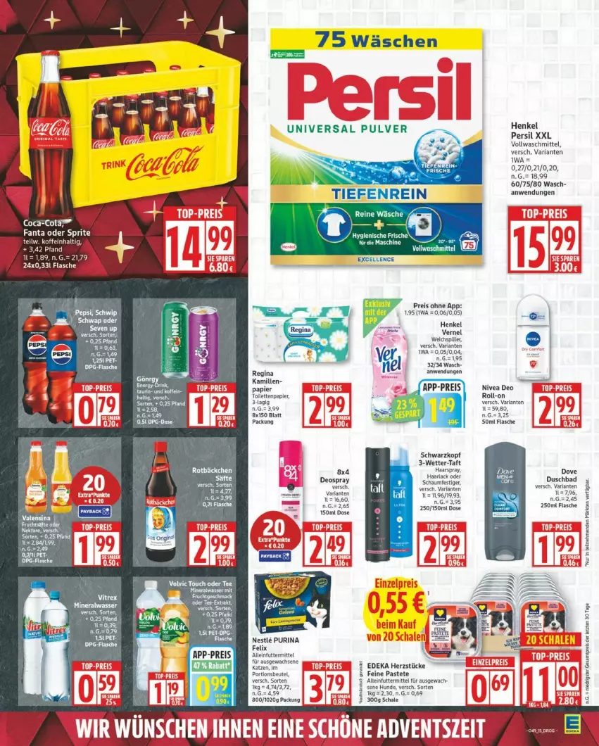 Aktueller Prospekt Edeka - Prospekte - von 01.12 bis 06.12.2025 - strona 15 - produkty: alleinfuttermittel, arla, Bad, beutel, deka, deo, deospray, dove, duschbad, eis, elle, flasche, gin, Haarlack, haarspray, henkel, Kamill, kamille, lack, nivea, oder schaumfestiger, papier, pastete, persil, portionsbeutel, purina, reis, Ria, roll-on, Schal, Schale, schaumfestiger, schwarzkop, schwarzkopf, Taft, tee, Ti, toilettenpapier, universal pulver, vollwaschmittel, waschmittel