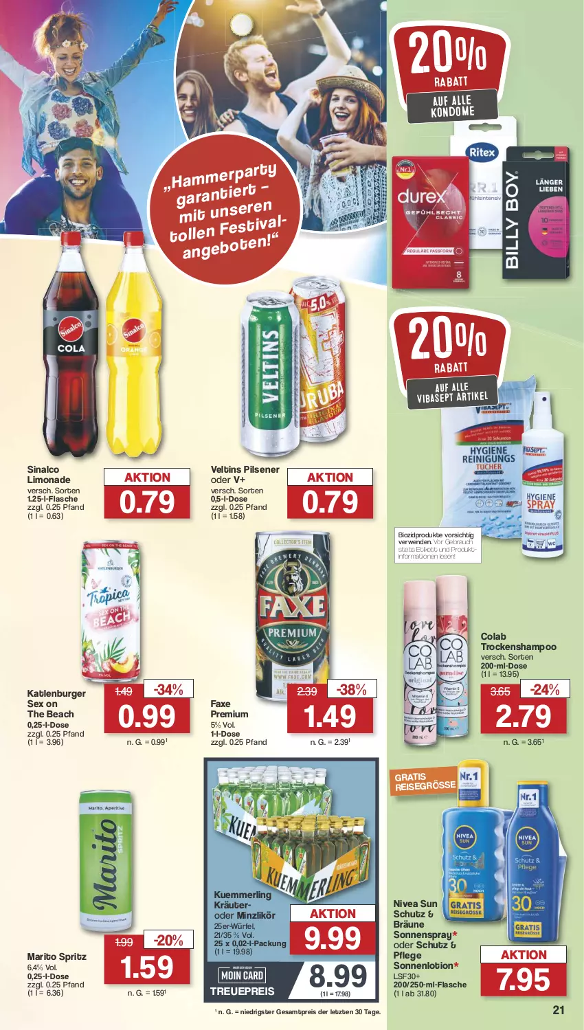 Aktueller Prospekt Famila - Prospekte - von 27.05 bis 01.06.2024 - strona 21 - produkty: axe, bio, biozidprodukte, burger, cola, eis, flasche, katlenburger, Kondome, kräuter, kuemmerling, likör, limo, limonade, Lotion, merl, nivea, nivea sun, pils, pilsener, Rauch, reis, rwe, shampoo, sinalco, sonnenspray, Ti, Trockenshampoo, veltins, veltins pilsener, würfel, ZTE