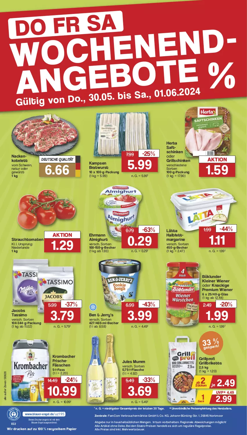 Aktueller Prospekt Famila - Prospekte - von 27.05 bis 01.06.2024 - strona 36 - produkty: almighur, almighurt, auer, Becher, böklunder, bratwurst, briketts, drucker, ehrmann, ehrmann almighurt, eis, elle, Engel, flasche, gewürz, grill, grillbriketts, herta, jacobs, jacobs tassimo, jules mumm, kerze, kotelett, krombache, krombacher, lätta, leine, margarine, mumm, natur, papier, Rauch, regal, reis, rwe, sac, saft, schinken, schwein, sim, strauchtomaten, tassimo, teller, Ti, tomate, tomaten, wein, wiener, wurst, ZTE