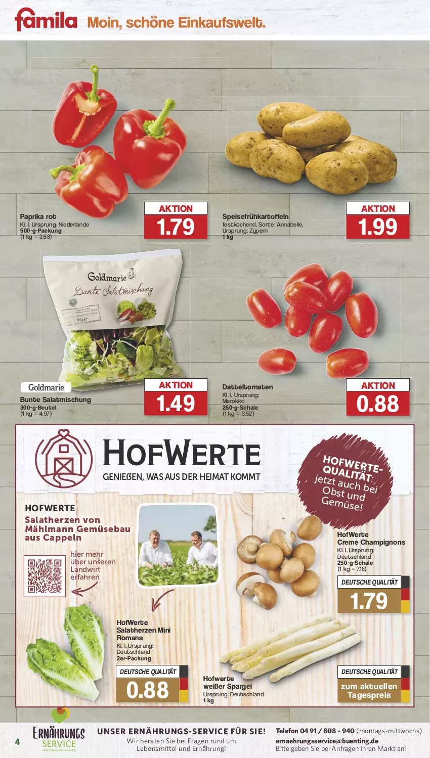 Aktueller Prospekt Famila - Prospekte - von 27.05 bis 01.06.2024 - strona 4 - produkty: Bau, beutel, Cap, champignon, champignons, creme, datteltomaten, eis, elle, Frühkartoffeln, kartoffel, kartoffeln, lebensmittel, obst, paprika, paprika rot, reis, salat, salatherzen, Schal, Schale, spargel, speisefrühkartoffeln, telefon, Ti, tomate, tomaten