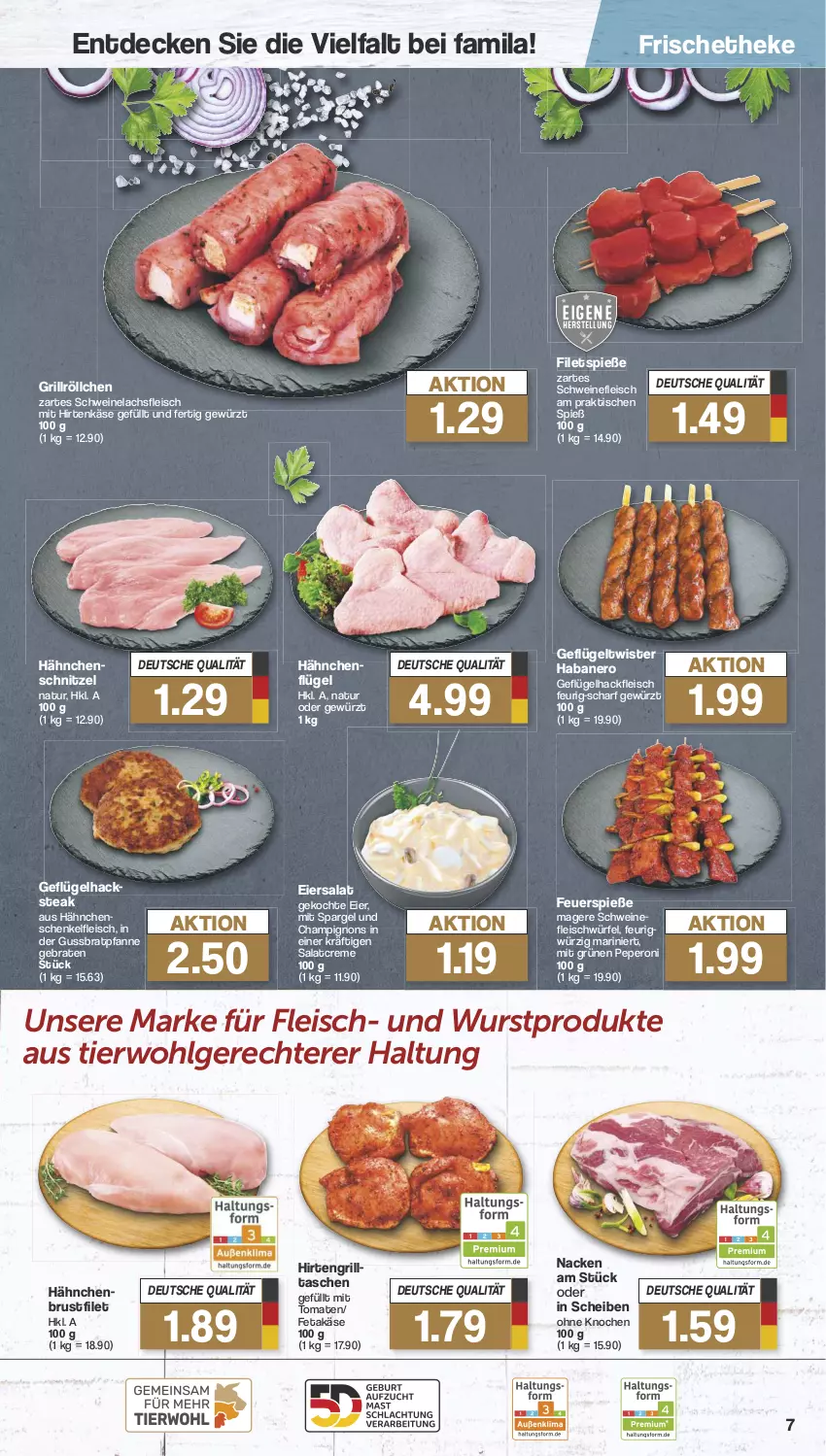 Aktueller Prospekt Famila - Prospekte - von 27.05 bis 01.06.2024 - strona 7 - produkty: braten, bratpfanne, brustfilet, champignon, champignons, creme, decke, eier, eiersalat, eis, feta, filet, filets, fleisch, Geflügel, gewürz, grill, hackfleisch, hähnchenschenkel, henkel, hirtenkäse, Käse, lachs, LG, natur, nero, peperoni, Peroni, pfanne, salat, salatcreme, schenkel, schnitzel, schwein, schweine, schweinefleisch, Schweinelachs, spargel, steak, Tasche, taschen, Ti, tisch, tomate, tomaten, wein, weine, würfel, wurst