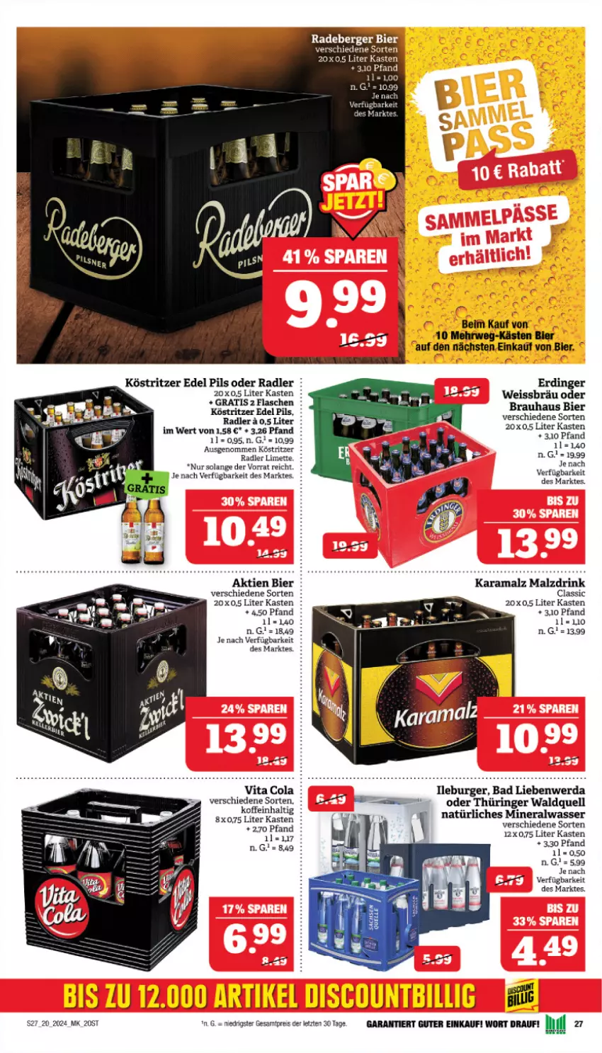 Aktueller Prospekt Marktkauf - Prospekt - von 12.05 bis 18.05.2024 - strona 27 - produkty: Alwa, Bad, Bad Liebenwerda, Berger, bier, burger, cola, drink, eis, erdinger, karamalz, köstritzer, limette, malz, Mett, mineralwasser, natürliches mineralwasser, oder radler, pils, radeberger, radler, rama, reis, ring, rwe, Ti, vita, Vita C, wasser, ZTE