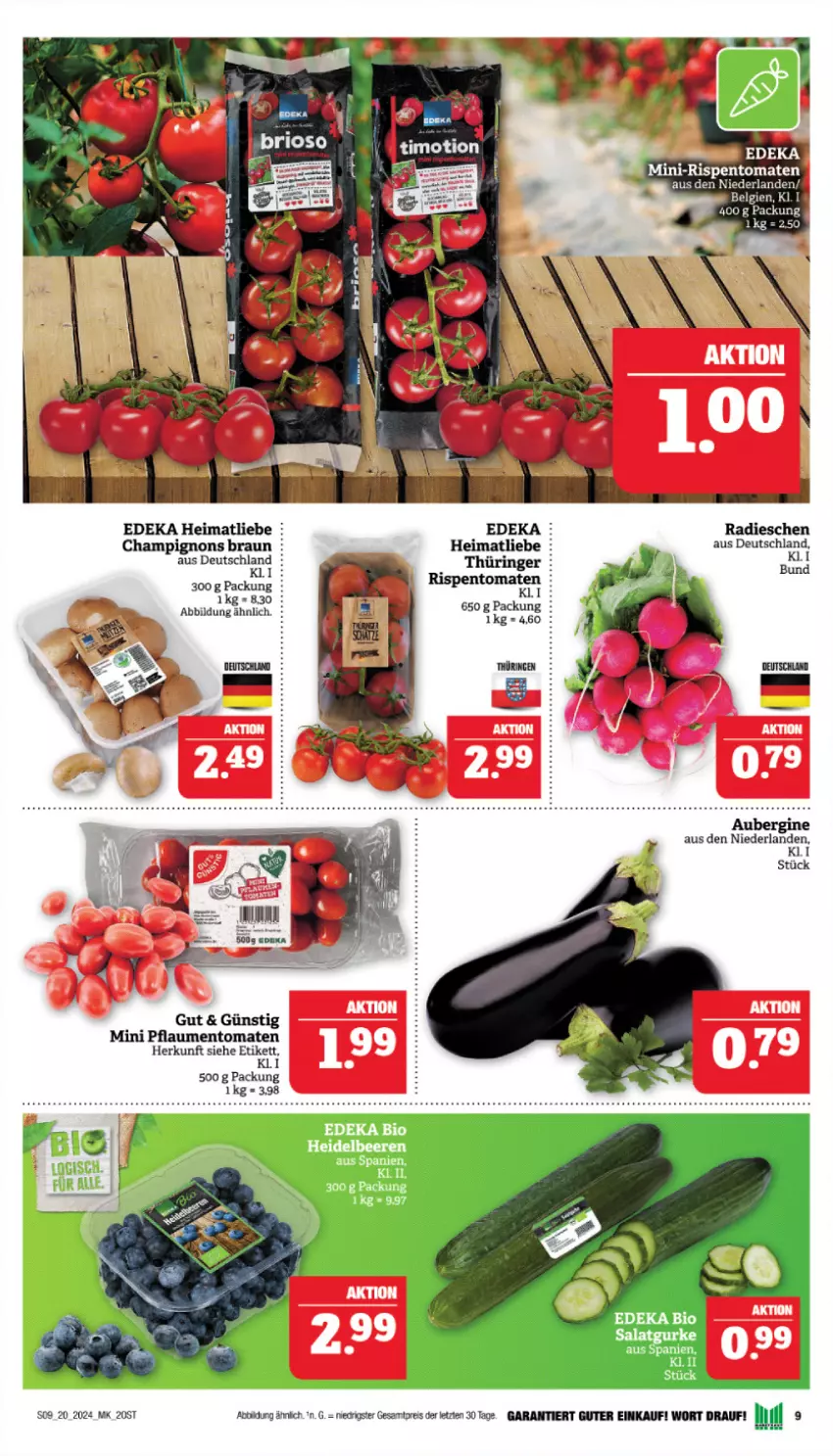 Aktueller Prospekt Marktkauf - Prospekt - von 12.05 bis 18.05.2024 - strona 9 - produkty: aubergine, bio, braun, champignon, champignons, champignons braun, deka, edeka bio, eis, gin, gurke, mini-rispentomaten, pflaume, pflaumen, radieschen, reis, ring, rispentomaten, salat, Salatgurke, Ti, tomate, tomaten, tuc, ZTE