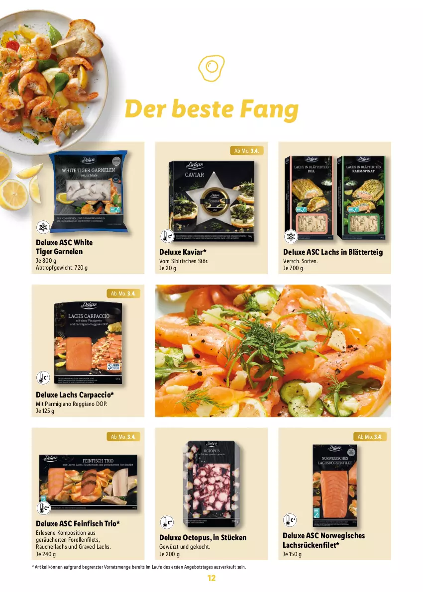 Aktueller Prospekt Lidl - Ostermagazin - von 12.03 bis 08.04.2023 - strona 12 - produkty: ACC, angebot, blätterteig, Carpaccio, elle, filet, filets, fisch, forelle, garnelen, gewürz, Graved Lachs, lachs, parmigiano, parmigiano reggiano, Räucherlachs, reggiano, rel, rwe, Ti, ZTE