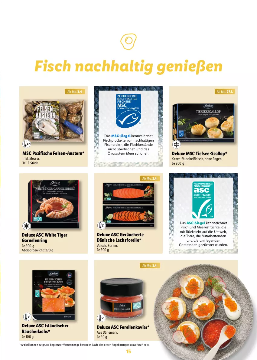 Aktueller Prospekt Lidl - Ostermagazin - von 12.03 bis 08.04.2023 - strona 15 - produkty: angebot, aust, Austern, eis, elle, fisch, Fisch und Meeresfrüchte, fische, Fischer, fleisch, forelle, früchte, garnelen, lachs, Liege, meeresfrüchte, messer, Räucherlachs, rel, ring, Schere, Ti, Tiere, ZTE