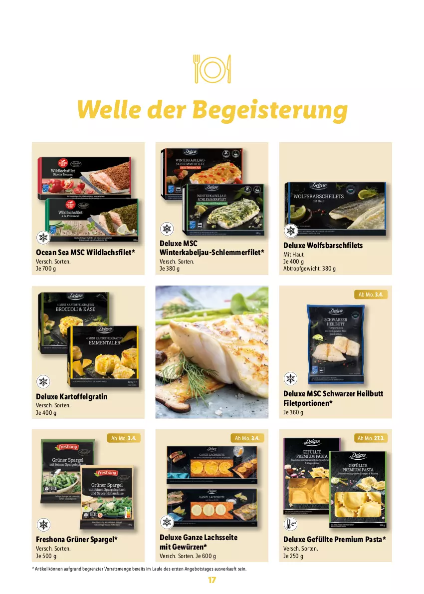 Aktueller Prospekt Lidl - Ostermagazin - von 12.03 bis 08.04.2023 - strona 17 - produkty: angebot, eis, elle, filet, filets, gewürz, grüner spargel, kartoffel, lachs, lachsfilet, LG, pasta, schlemmerfilet, spargel, Ti, Wild, wildlachs, wolfsbarsch, ZTE