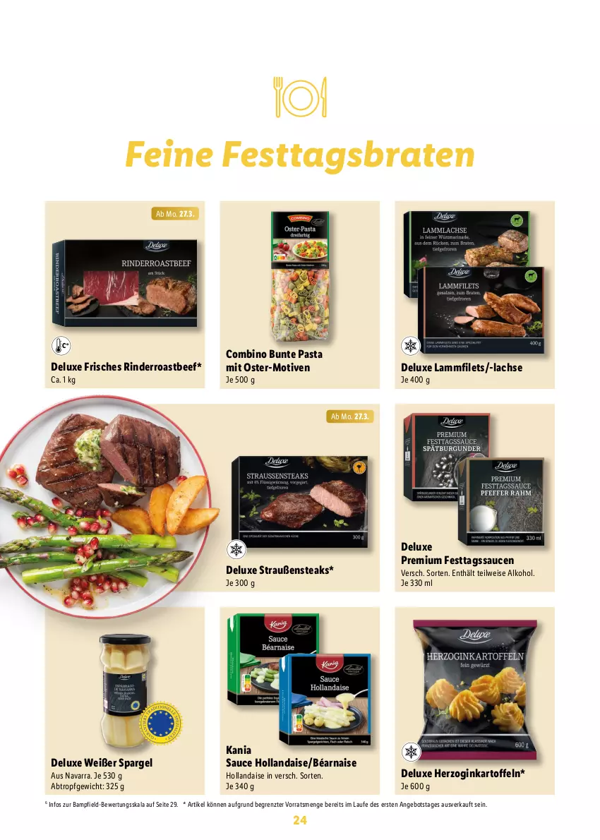 Aktueller Prospekt Lidl - Ostermagazin - von 12.03 bis 08.04.2023 - strona 24 - produkty: alkohol, angebot, beef, braten, eis, filet, filets, gin, hollandaise, kartoffel, kartoffeln, lachs, lamm, Lammfilets, pasta, rind, rinder, roastbeef, sauce, sauce hollandaise, saucen, spargel, steak, steaks, Ti, ZTE