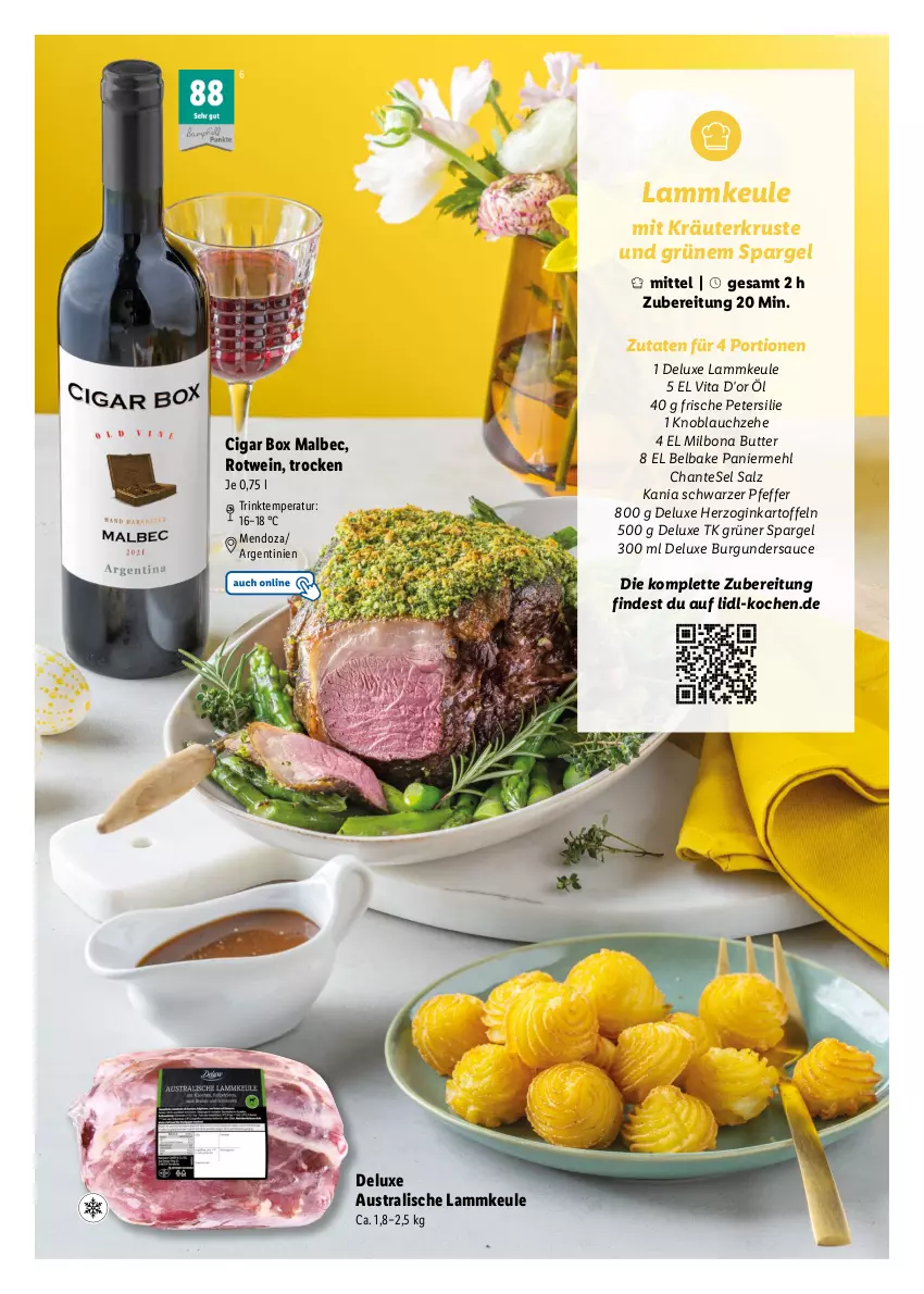 Aktueller Prospekt Lidl - Ostermagazin - von 12.03 bis 08.04.2023 - strona 25 - produkty: aust, Bona, burgunder, butter, gin, grüner spargel, kartoffel, kartoffeln, knoblauch, kräuter, lamm, lammkeule, mehl, Milbona, Paniermehl, petersilie, pfeffer, rotwein, salz, sauce, spargel, Ti, vita, wein