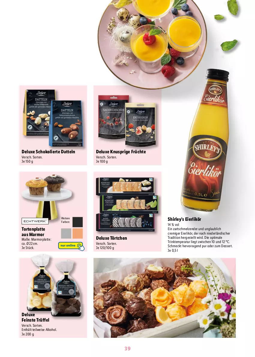 Aktueller Prospekt Lidl - Ostermagazin - von 12.03 bis 08.04.2023 - strona 39 - produkty: alkohol, Datteln, dessert, eier, eierlikör, eis, früchte, latte, likör, schoko, Ti, Törtchen, torte, Trüffel