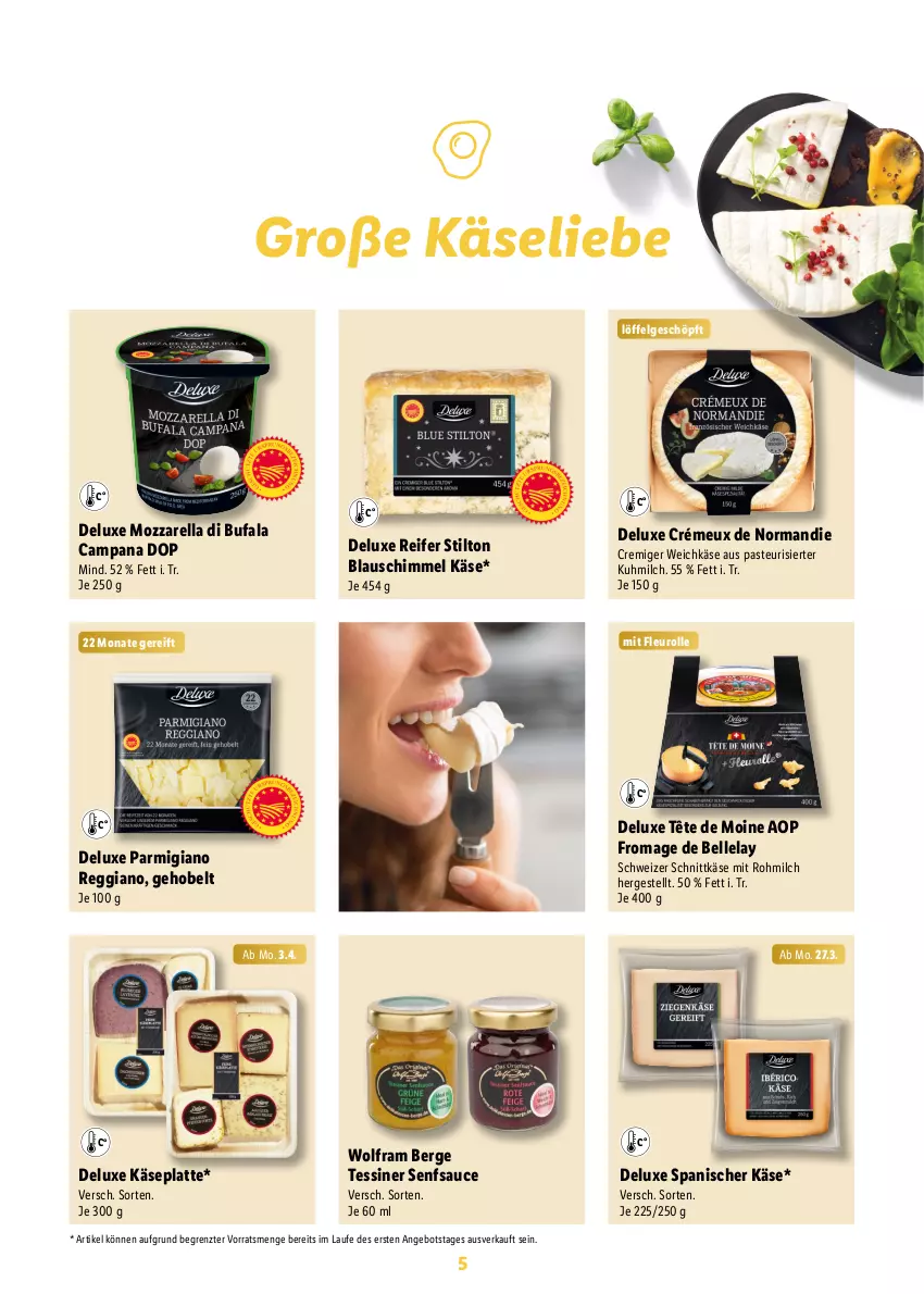 Aktueller Prospekt Lidl - Ostermagazin - von 12.03 bis 08.04.2023 - strona 5 - produkty: angebot, di bufala, elle, Käse, latte, LG, Löffel, milch, mozzarella, parmigiano, parmigiano reggiano, reggiano, rel, sauce, schnittkäse, schweizer schnittkäse, senf, Tête de Moine, Ti, weichkäse, ZTE