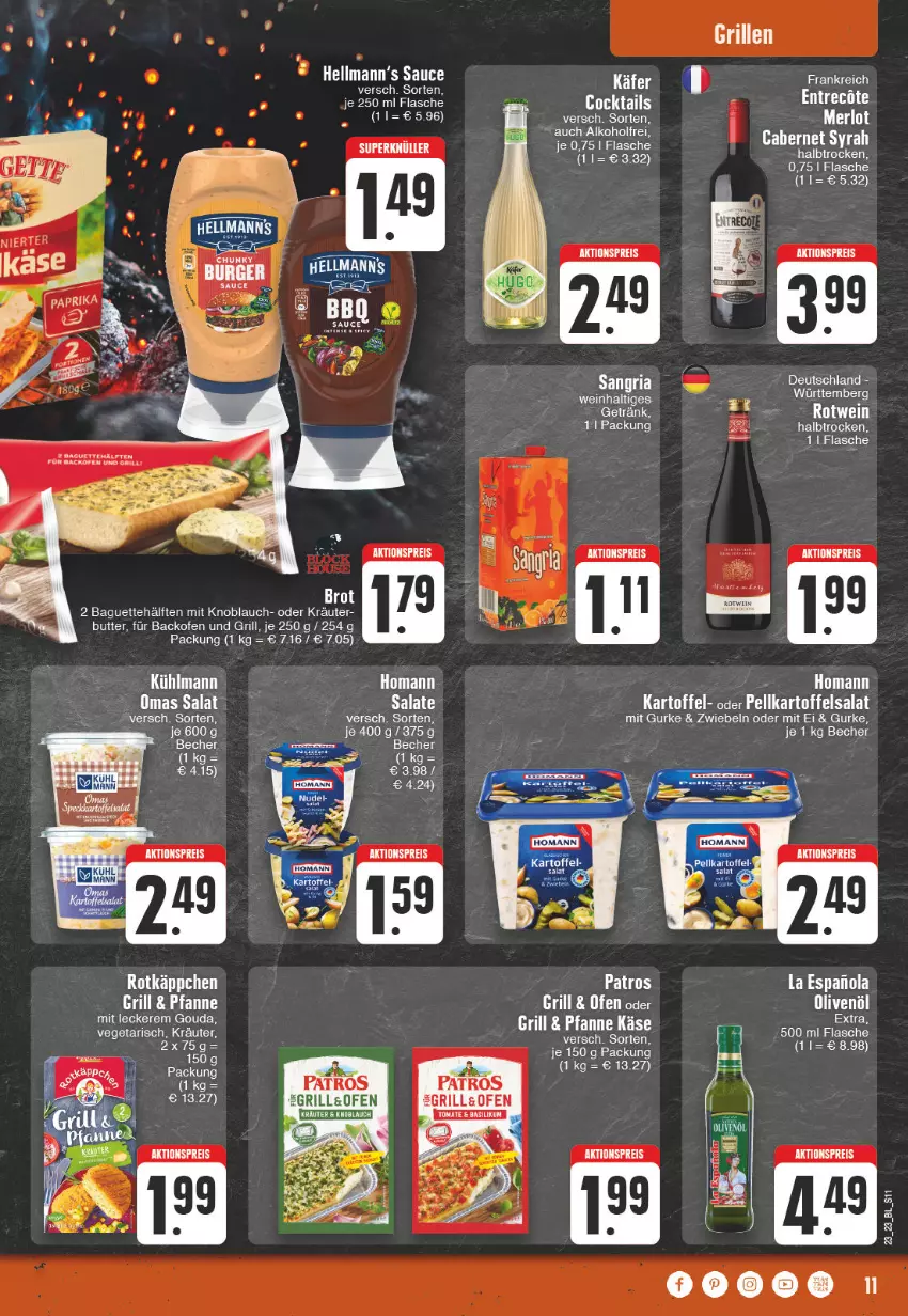 Aktueller Prospekt Edeka - Angebote der Woche - von 05.06 bis 10.06.2023 - strona 11 - produkty: aktionspreis, alkohol, backofen, backofen und, baguette, basilikum, Becher, brot, butter, cabernet, cocktail, cocktails, eis, flasche, getränk, gouda, grill, gurke, homann, kartoffel, Käse, knoblauch, kräuter, kühlmann, LG, merl, merlot, mit knoblauch, oder kräuter, Ofen, patros, pfanne, reis, Ria, rotwein, salat, sangria, tee, Ti, tomate, Vegeta, wein, zwiebel, zwiebeln