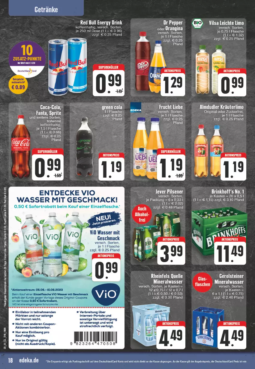 Aktueller Prospekt Edeka - Angebote der Woche - von 05.06 bis 10.06.2023 - strona 18 - produkty: aktionspreis, almdudler, Alwa, angebot, angebotspreis, Brei, coca-cola, cola, coupon, coupons, decke, deutschlandcard, eis, elle, fanta, flasche, frucht, gerolsteine, gerolsteiner, gin, kräuter, LG, limo, mac, mineralwasser, red bull, reis, sofortrabatt, sprite, steiner, Ti, vilsa, wasser, ZTE, zucker