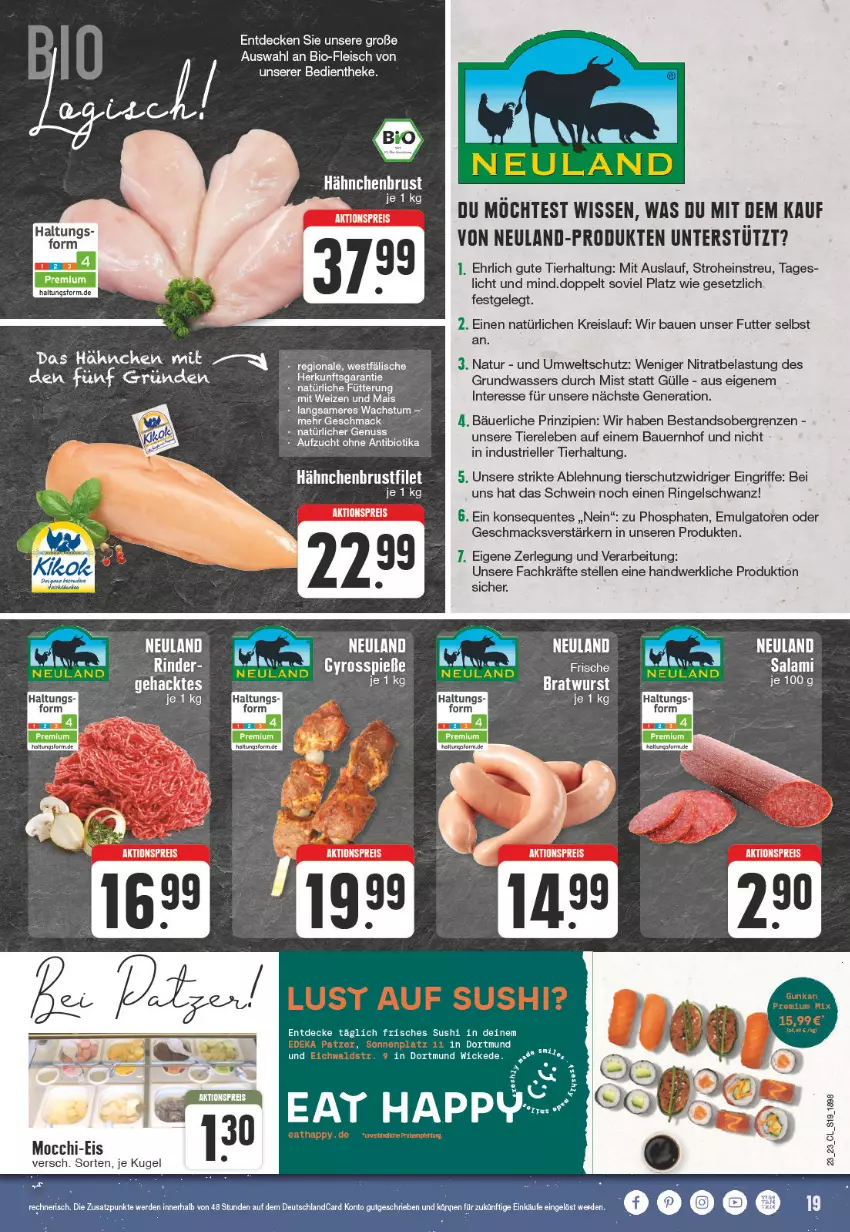 Aktueller Prospekt Edeka - Angebote der Woche - von 05.06 bis 10.06.2023 - strona 19 - produkty: aktionspreis, auer, Bau, Bauer, bio, bratwurst, brustfilet, decke, deutschlandcard, eis, elle, ente, erde, filet, fleisch, hahnchen, hähnchenbrust, hähnchenbrustfilet, Kugel, LG, mac, mais, natur, reis, rel, ring, schwein, Sushi, Ti, Tiere, wasser, wein, WICK, wurst