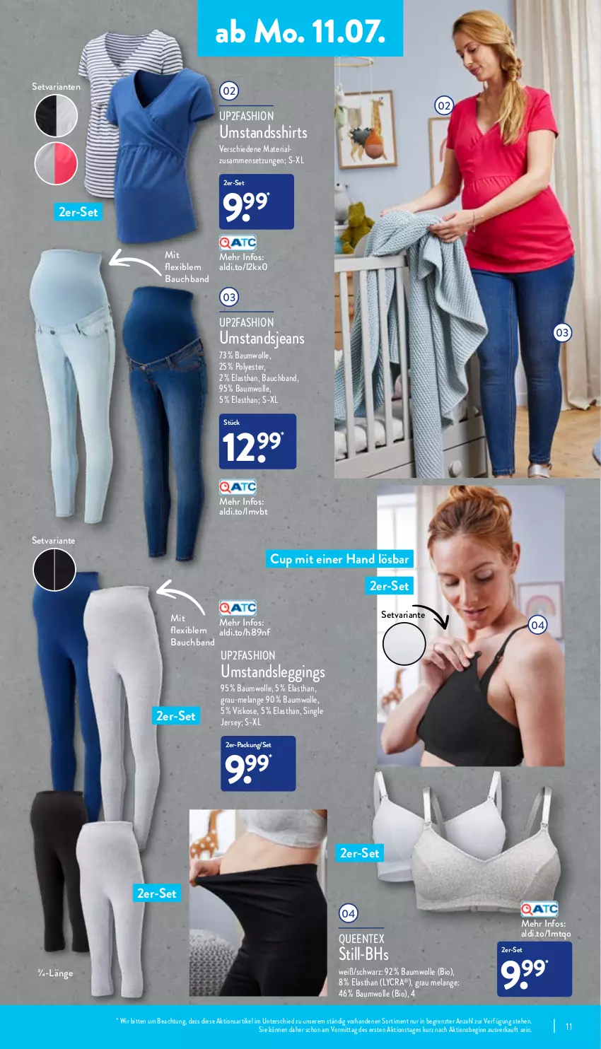 Aktueller Prospekt Aldi Nord - Aldi-Aktuell - von 11.07 bis 16.07.2022 - strona 11 - produkty: aldi, Bau, baumwolle, bio, Elan, ente, gin, jeans, leggings, Queentex, Ria, shirt, shirts, Ti, up2fashion, wolle, ZTE