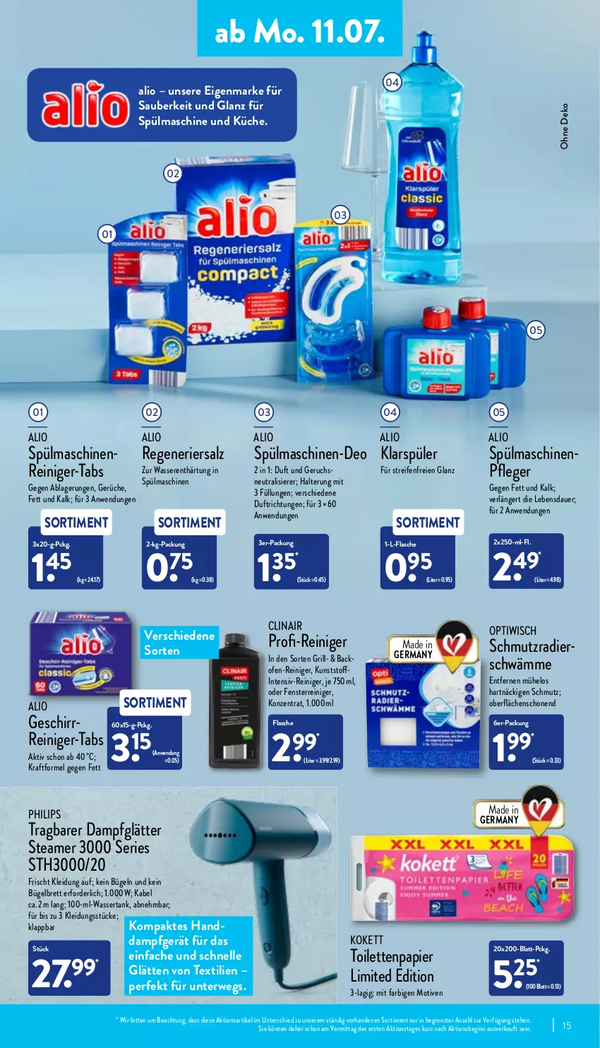 Aktueller Prospekt Aldi Nord - Aldi-Aktuell - von 11.07 bis 16.07.2022 - strona 15 - produkty: auer, bügel, Clin, Dampfglätter, deo, elle, fenster, flasche, Germ, geschirr, gin, grill, klarspüler, kleid, Kleidung, kraft, küche, Maschinenpfleger, maschinenreiniger, Ofen, Optiwisch, papier, Philips, reifen, reiniger, rwe, salz, spülmaschinen, Ti, toilettenpapier, wasser, wassertank, ZTE