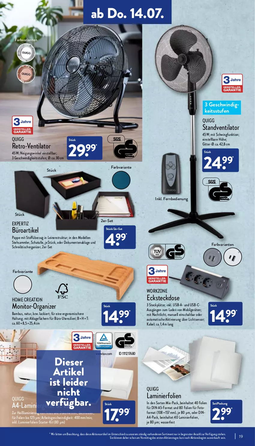 Aktueller Prospekt Aldi Nord - Aldi-Aktuell - von 11.07 bis 16.07.2022 - strona 19 - produkty: auto, bambus, dell, elle, ente, expertiz, fernbedienung, gin, gsw, lack, leine, LG, Mode, monitor, Nachtlicht, natur, quigg, Ria, Schal, Schere, schreibtisch, standventilator, steckdose, Ti, tisch, usb, ventilator, wasser, ZTE