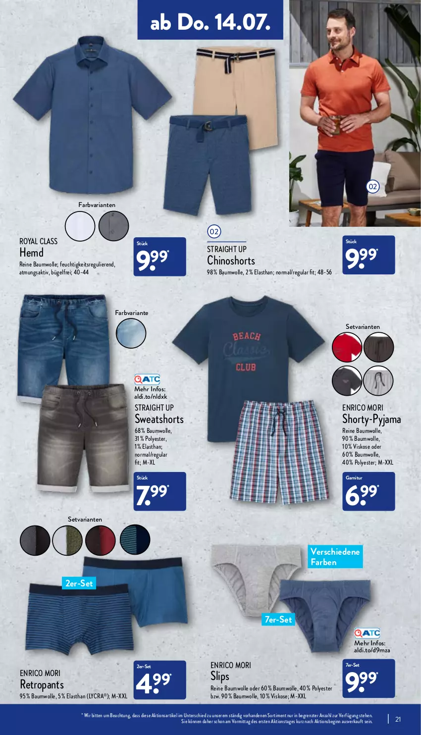 Aktueller Prospekt Aldi Nord - Aldi-Aktuell - von 11.07 bis 16.07.2022 - strona 21 - produkty: aldi, Bau, baumwolle, bügel, garnitur, gin, hemd, Pants, Pyjama, reine baumwolle, Retropants, Ria, shorts, shorty, shorty-pyjama, slip, slips, sweatshorts, Ti, wolle, ZTE