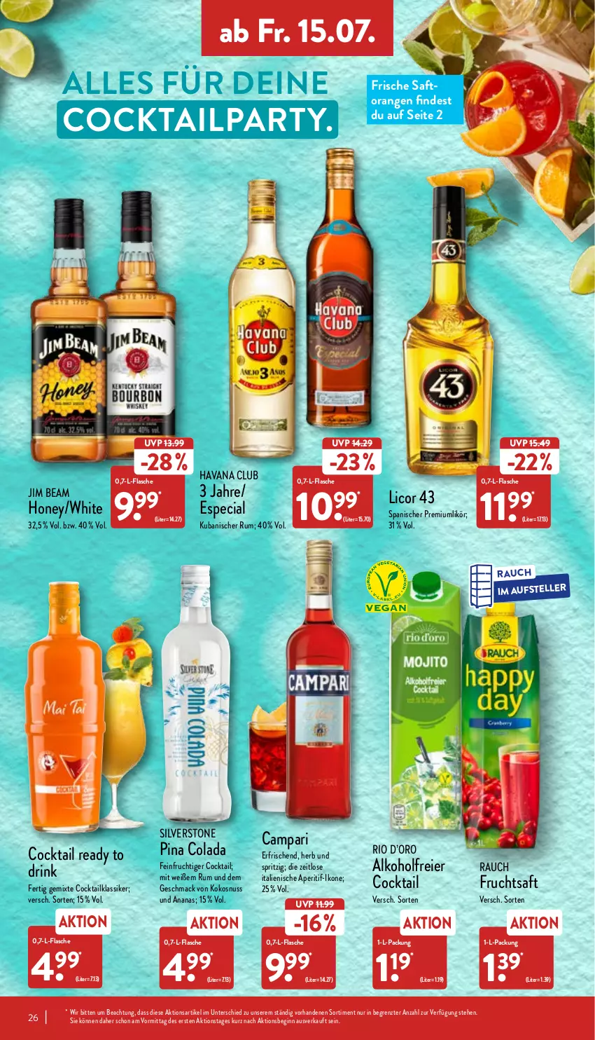 Aktueller Prospekt Aldi Nord - Aldi-Aktuell - von 11.07 bis 16.07.2022 - strona 26 - produkty: alkohol, ananas, aperitif, campari, cocktail, cola, drink, eier, elle, flasche, frucht, fruchtsaft, gin, Havana Club, jim beam, kokos, kokosnuss, licor, licor 43, likör, mac, nuss, orange, orangen, Rauch, rum, saft, Saftorangen, teller, Ti, ZTE