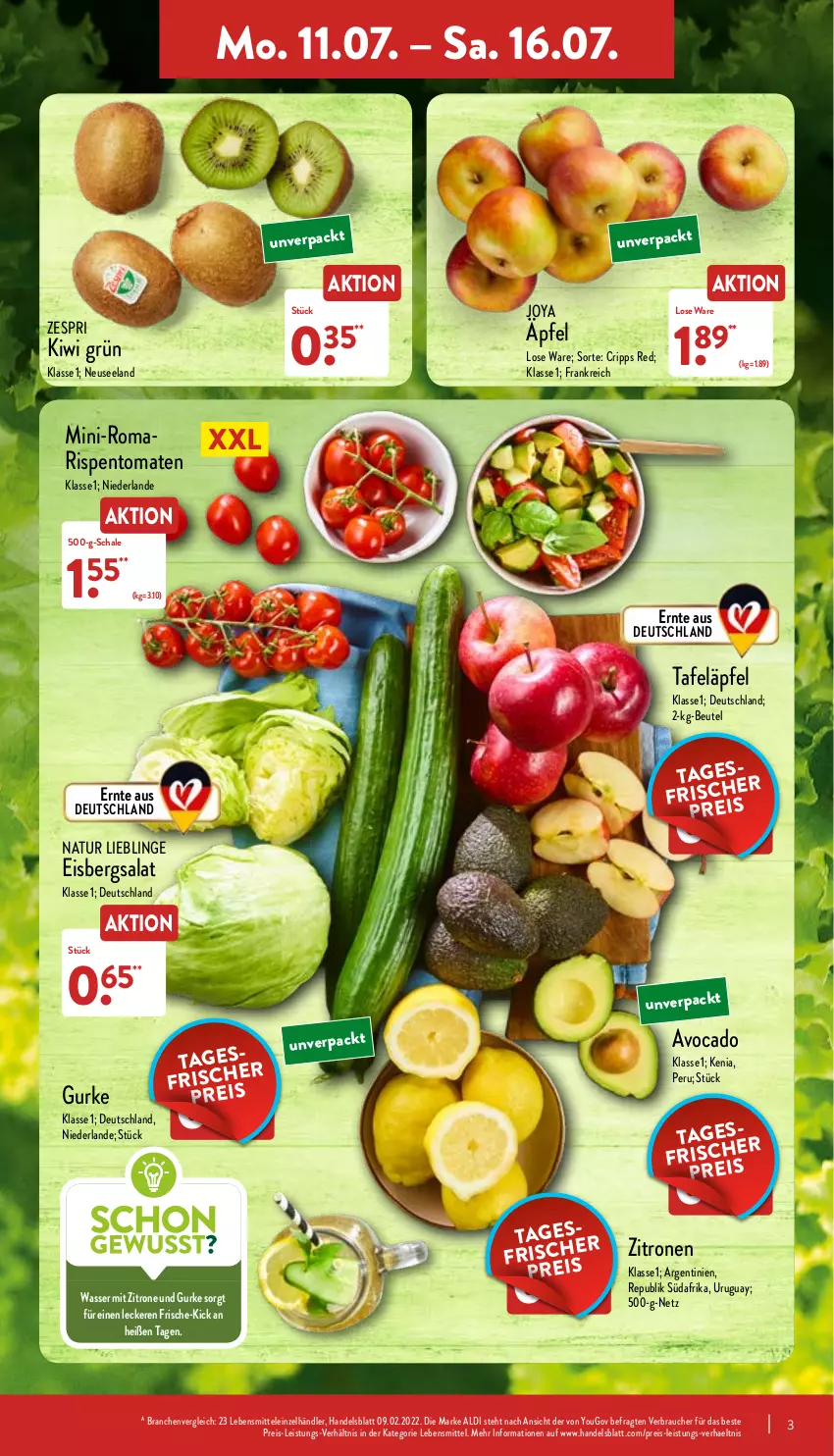 Aktueller Prospekt Aldi Nord - Aldi-Aktuell - von 11.07 bis 16.07.2022 - strona 3 - produkty: aldi, avocado, beutel, eis, eisbergsalat, Elan, gurke, kiwi, lebensmittel, natur, Rauch, reis, salat, Schal, Schale, tafeläpfel, Ti, tomate, tomaten, wasser, Yo, zespri, zitrone, zitronen