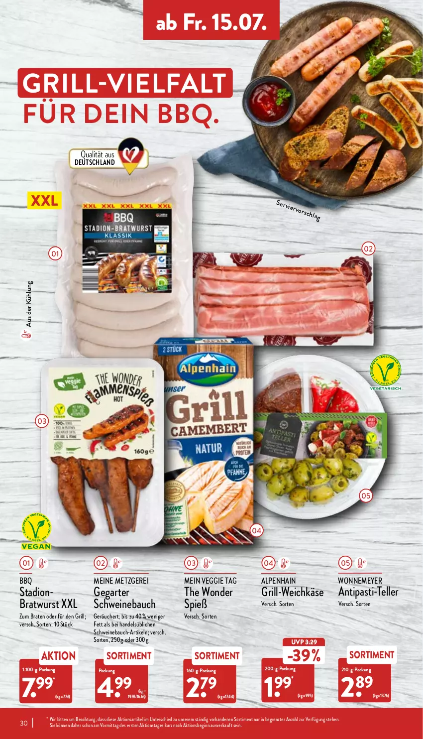 Aktueller Prospekt Aldi Nord - Aldi-Aktuell - von 11.07 bis 16.07.2022 - strona 30 - produkty: Alpenhain, antipasti, asti, Bau, braten, bratwurst, elle, gin, grill, Käse, schwein, schweine, Schweinebauch, teller, Ti, veggie, weichkäse, wein, weine, wurst, ZTE