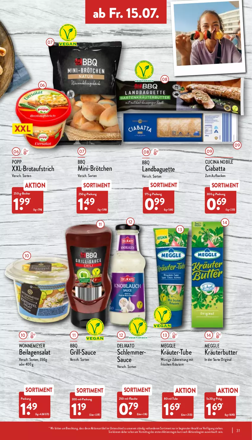 Aktueller Prospekt Aldi Nord - Aldi-Aktuell - von 11.07 bis 16.07.2022 - strona 31 - produkty: aufstrich, baguette, Becher, brot, brotaufstrich, brötchen, butter, ciabatta, cin, flasche, gin, grill, ilag, kräuter, kräuterbutter, kräutern, meggle, Popp, salat, sauce, schlemmersauce, Ti, ZTE