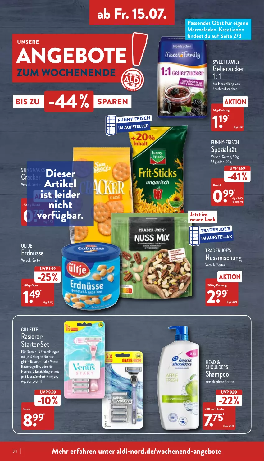 Aktueller Prospekt Aldi Nord - Aldi-Aktuell - von 11.07 bis 16.07.2022 - strona 34 - produkty: aldi, angebot, angebote, aqua, aufstrich, beutel, cracker, elle, erdnüsse, flasche, frucht, fruchtaufstrich, funny-frisch, gelierzucker, gillette, latte, marmelade, nuss, obst, rasierer, shampoo, snack, snacks, Spezi, Sun Snacks, Sweet Family, teller, Ti, ültje, venus, zucker