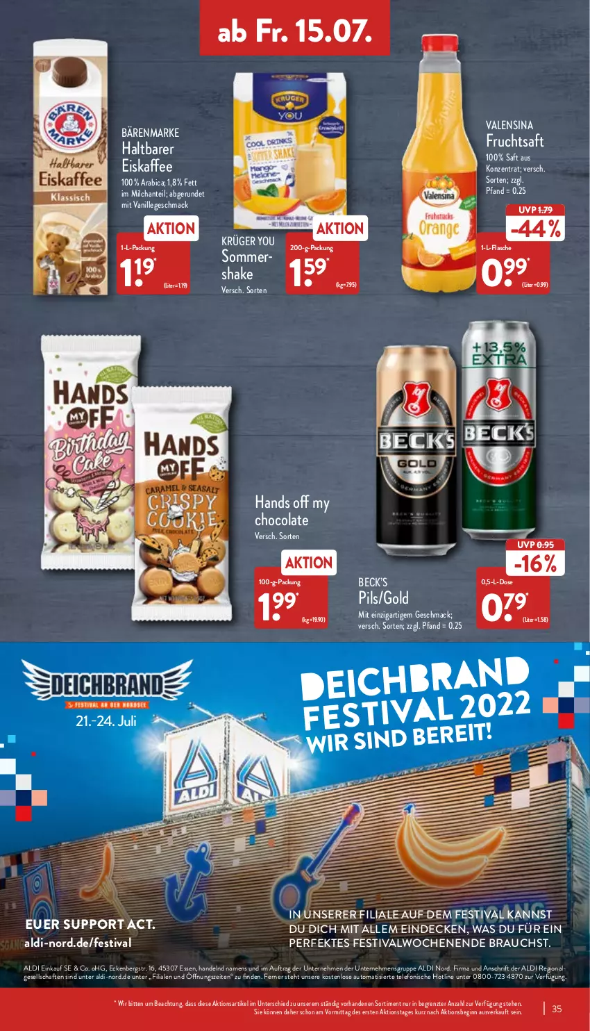 Aktueller Prospekt Aldi Nord - Aldi-Aktuell - von 11.07 bis 16.07.2022 - strona 35 - produkty: aldi, auto, bärenmarke, cola, decke, eis, eiskaffee, flasche, frucht, fruchtsaft, gin, kaffee, krüger, mac, milch, pils, Rauch, saft, shake, telefon, Ti, valensina, vanille, Yo, ZTE