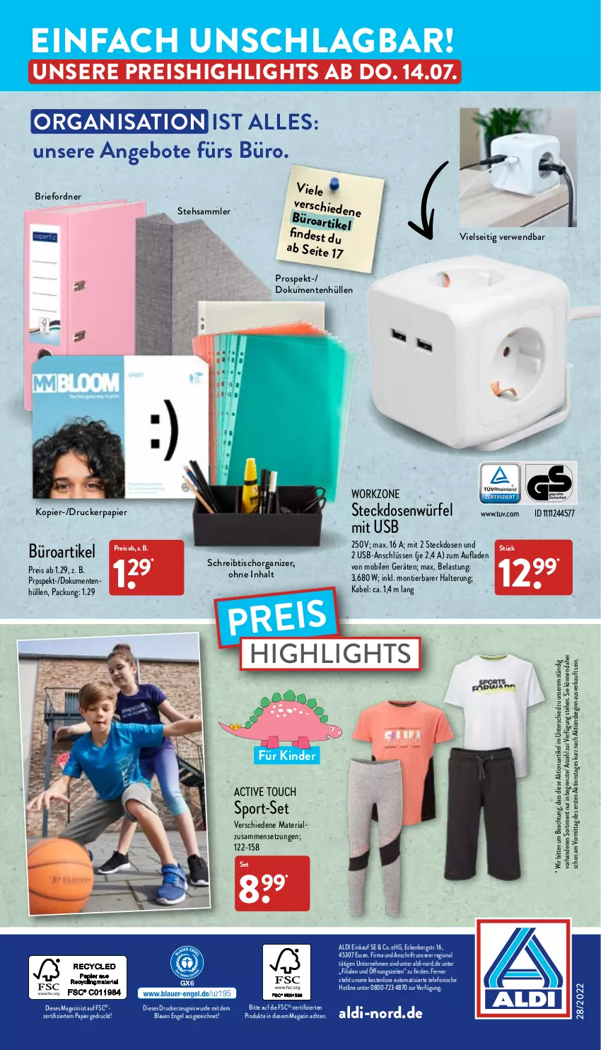 Aktueller Prospekt Aldi Nord - Aldi-Aktuell - von 11.07 bis 16.07.2022 - strona 36 - produkty: active touch, aldi, angebot, angebote, auto, brie, drucker, eis, Engel, ente, gin, kerze, Kinder, magazin, ordner, papier, reis, Ria, rwe, schreibtisch, Sport, steckdose, telefon, Ti, tisch, usb, würfel, ZTE